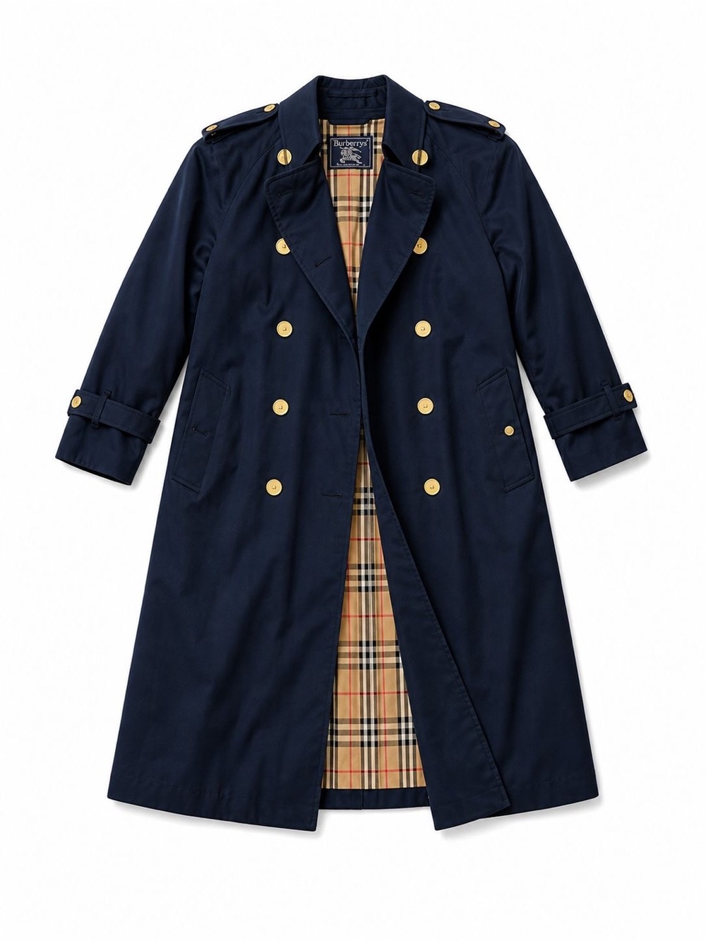 Burberry Navy Coat with Classic Beige Check Lining and Red Accents